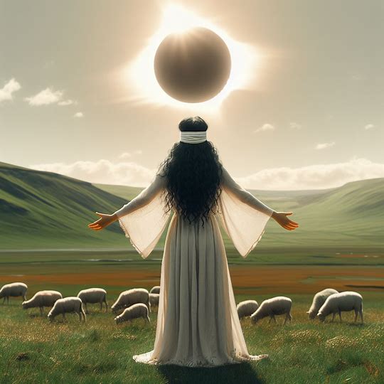A blindfolded woman with arms outstretched beneath a solar eclipse