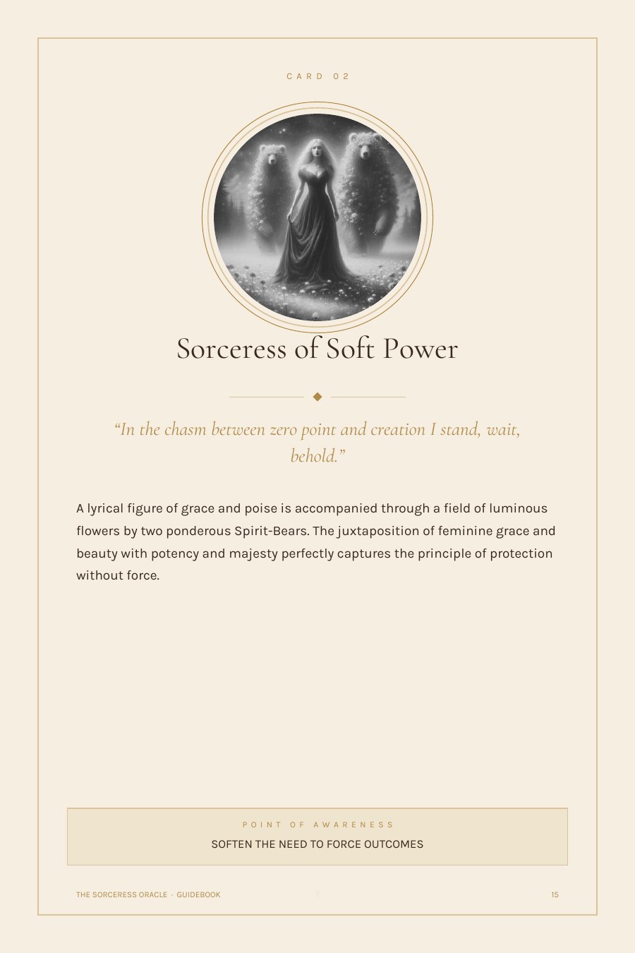 Guidebook entry for the Sorceress of Soft Power: a black-and-white illustration of a sorceress walking with two spirit-bears, her verse in italics, and the full reading beneath