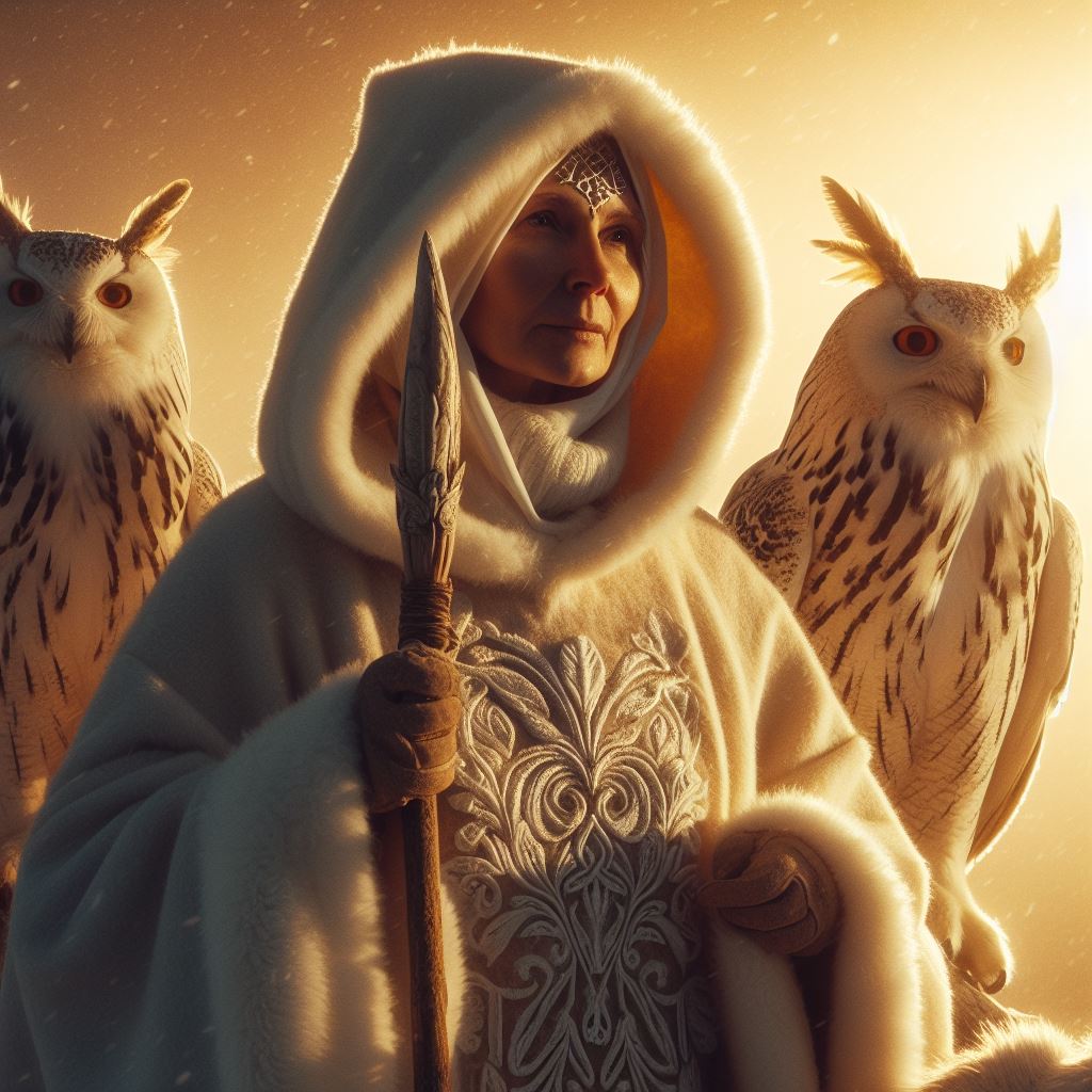 An elder seeress in white furs holding a carved spear between two pale owls
