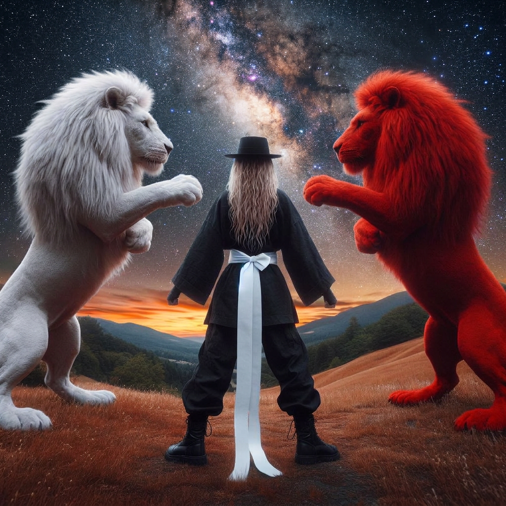 A robed figure standing between a white lion and a red lion beneath a starlit sky