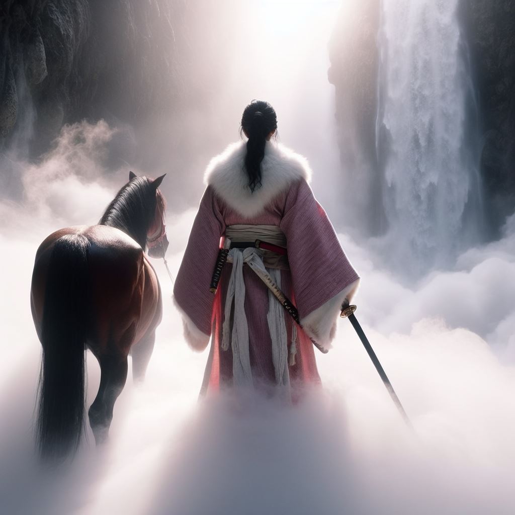 A sword-bearing sorceress and her horse walking into a misted waterfall