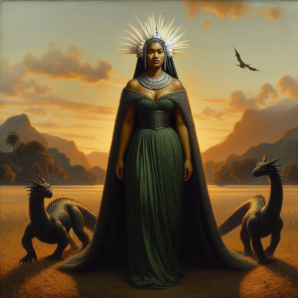 A crowned sorceress in green robes flanked by two dragons at dusk