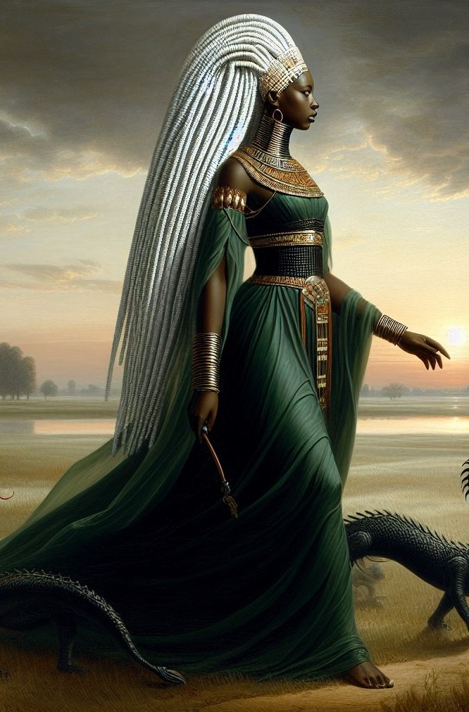 A regal African queen in green robes at dusk