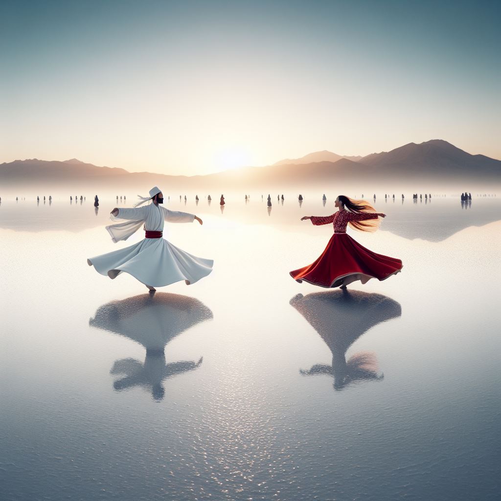 Two whirling dancers turning on a mirrored salt flat at dawn