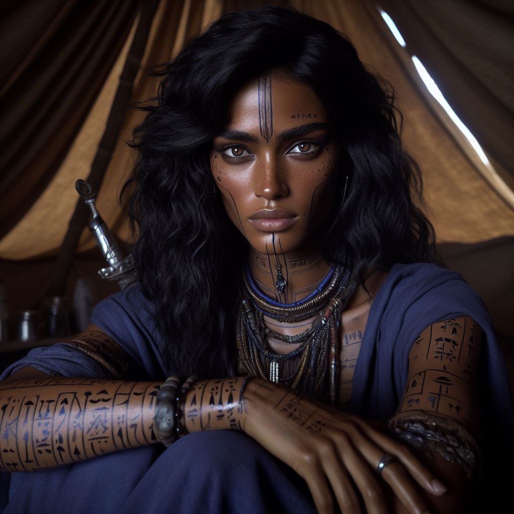 A sorceress marked with glyphs seated within a desert tent