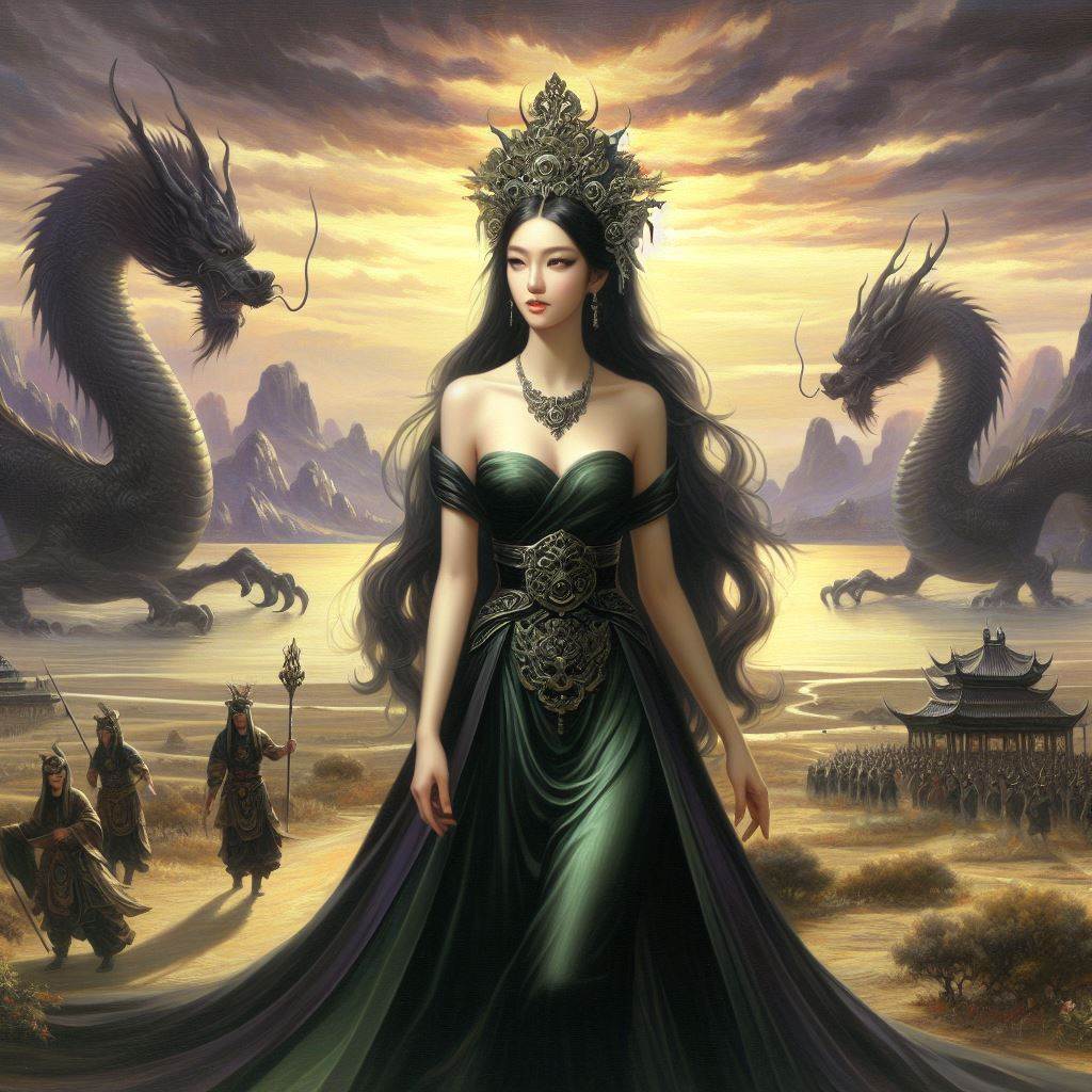 A crowned priestess-queen standing between two dragons