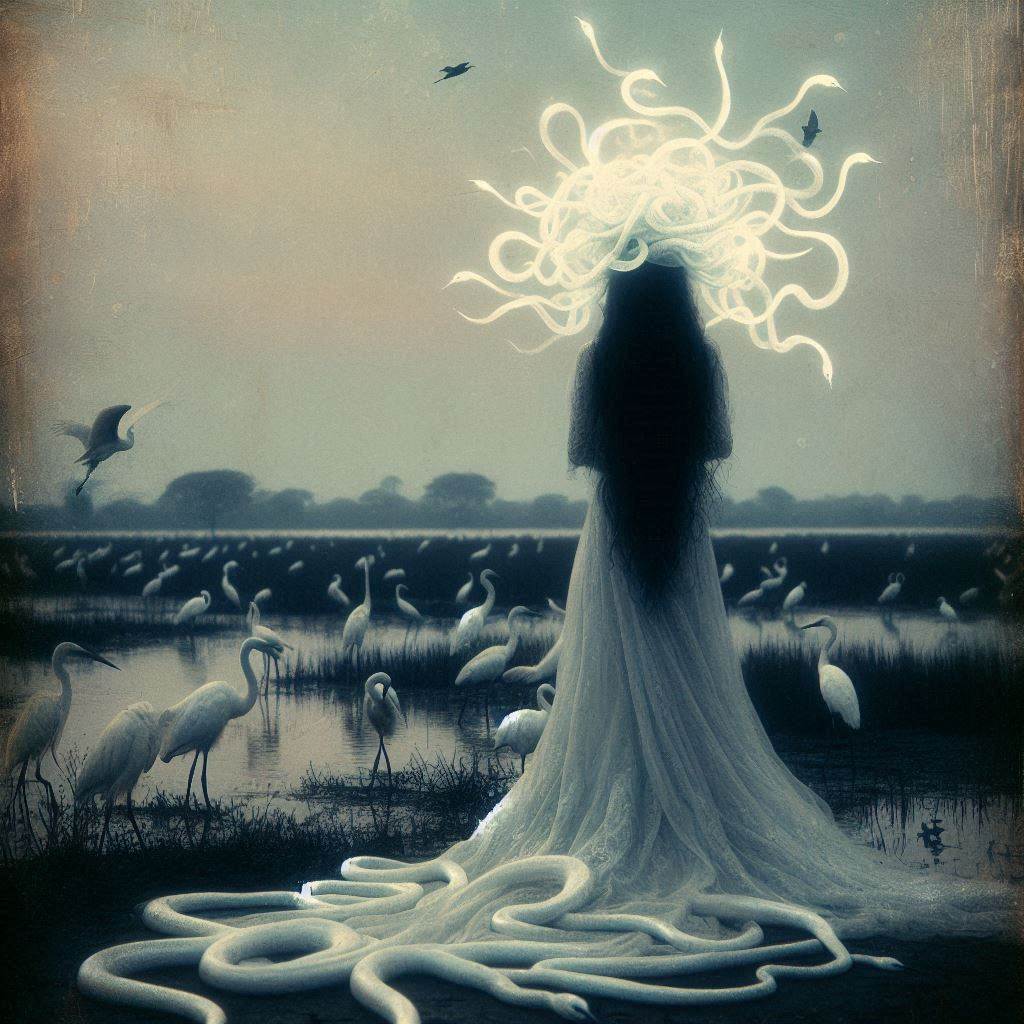 A white-gowned figure crowned with luminous serpents among wading egrets