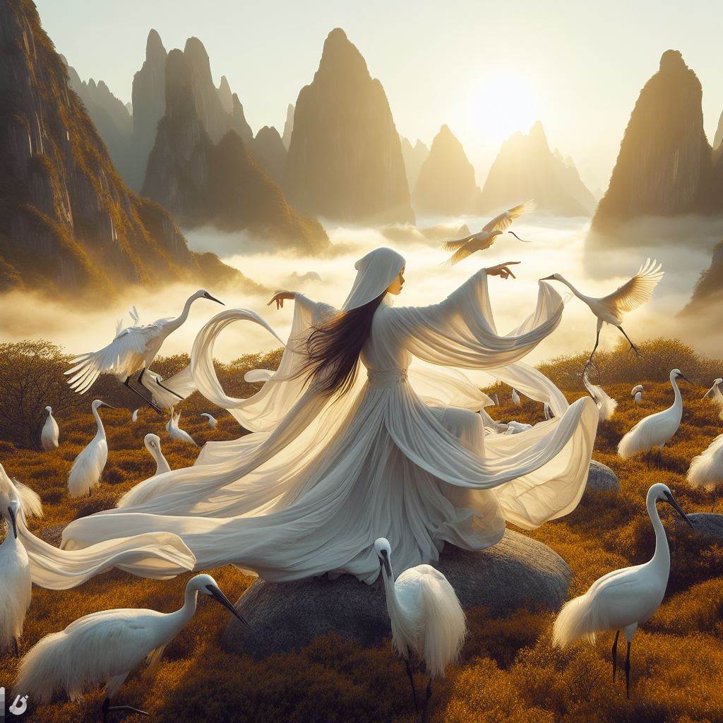 A white-robed dancer among cranes in misty mountains