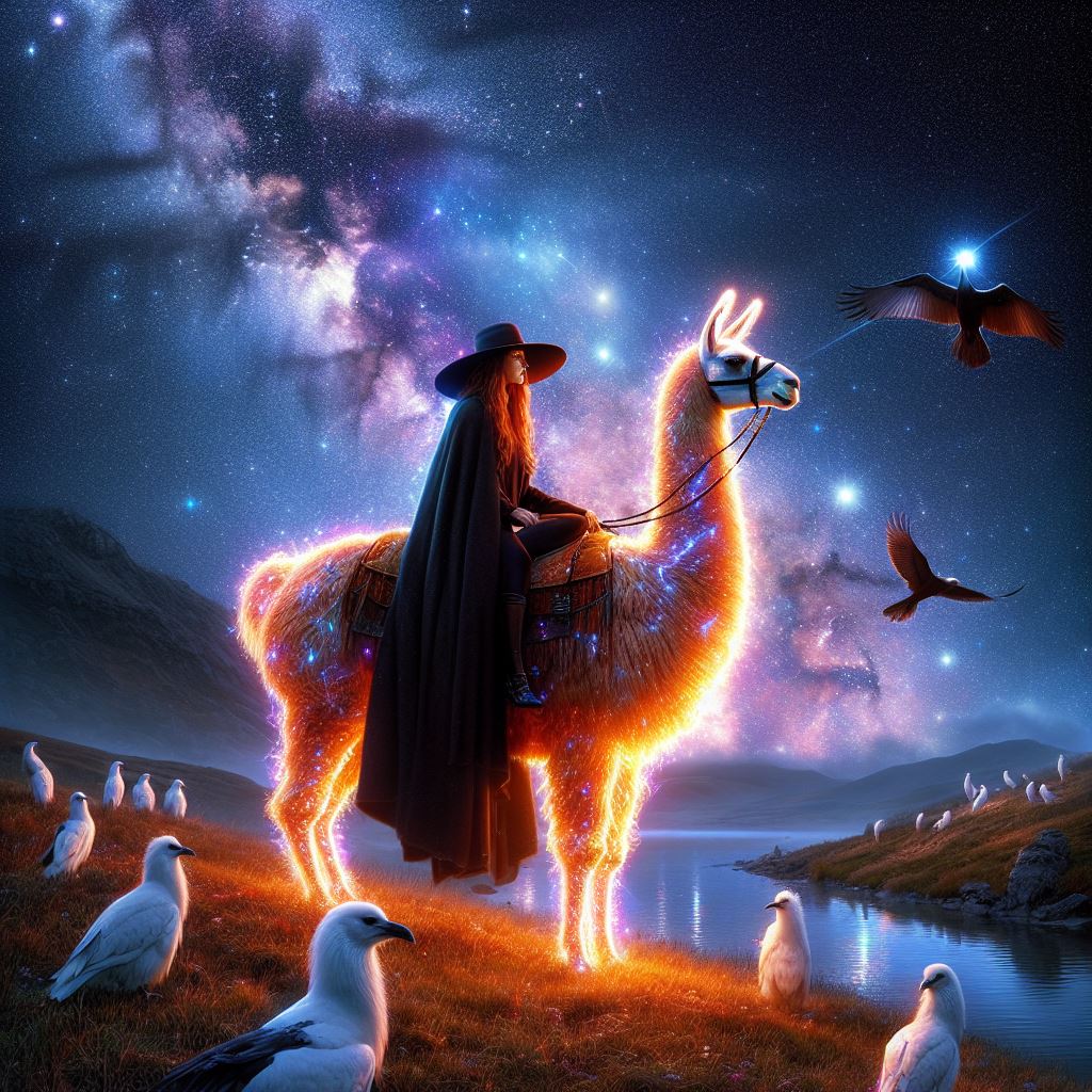 A cloaked rider on a glowing celestial llama beneath a nebula