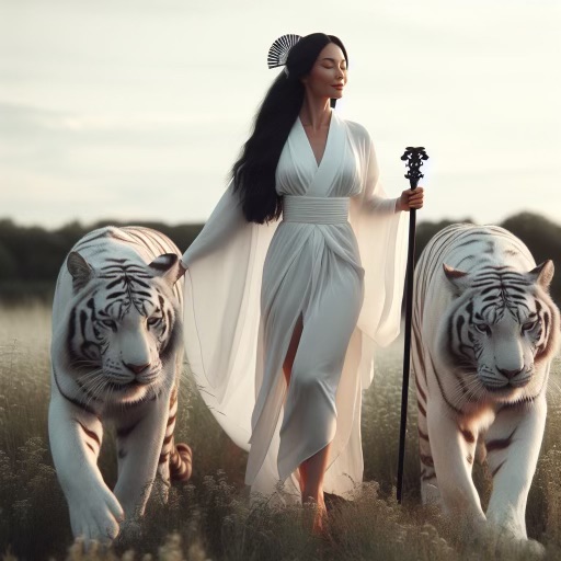 A sorceress in white silk walking a meadow with two white tigers