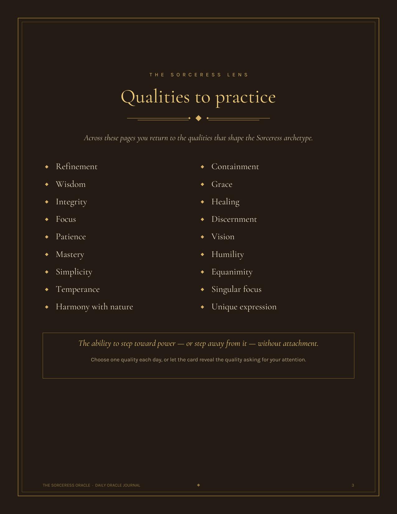 Journal page 3: the Sorceress lens — qualities to practice