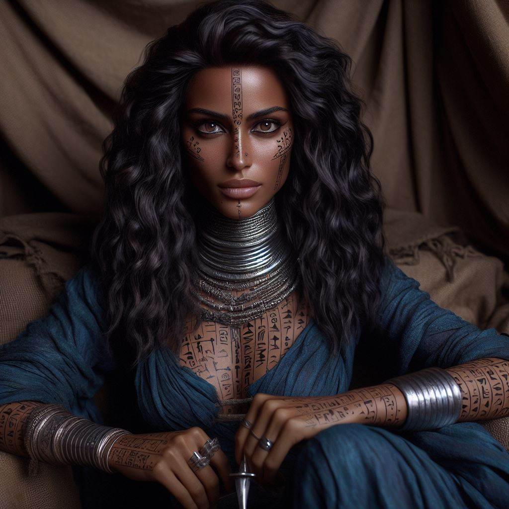 A glyph-marked sorceress in indigo robes seated within a desert tent