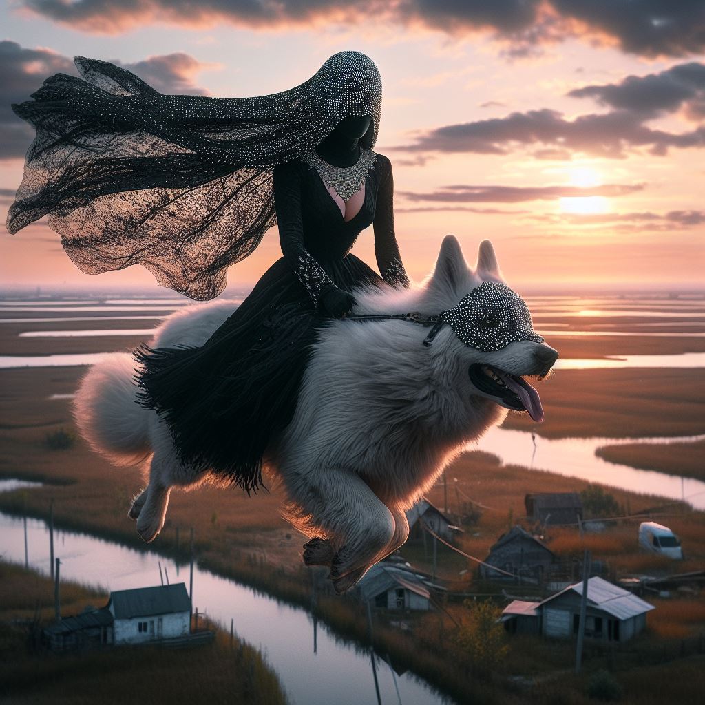 A veiled sorceress riding a white wolf above sunset wetlands