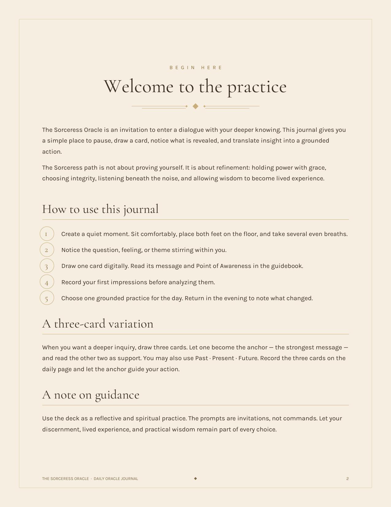 Journal page 2: welcome to the practice, and how to use this journal