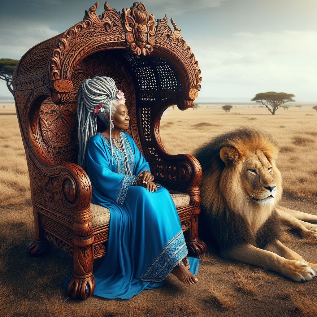 A Yoruba elder mother seated on a carved throne beside a lion