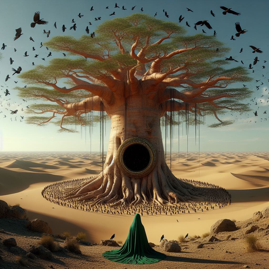 A great baobab tree with a dark mirrored portal in its trunk, ringed by figures in the desert